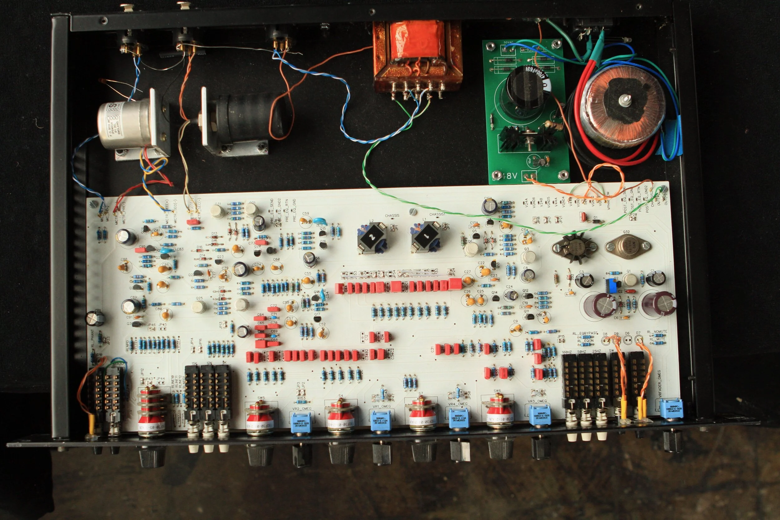 Based on examining the channel strips and original schematics at Smart Studios in Madison, WI, I drew a PCB, closely following the original routing. Like the original, two transformers are used for the mic and line input, with the 3 deck grayhill sw